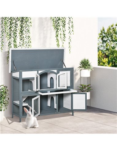 PawHut Rabbit Hutch Outdoor Guinea Pig Hutch 2 Tier Wooden Cage w/ Ramp, Divider, Openable Roof, 125 x 48 x 100cm - Grey