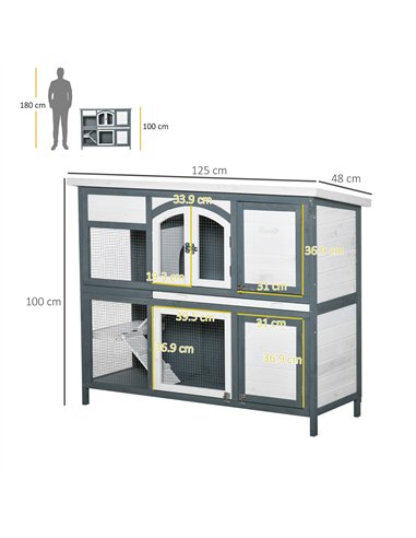 PawHut Rabbit Hutch Outdoor Guinea Pig Hutch 2 Tier Wooden Cage w/ Ramp, Divider, Openable Roof, 125 x 48 x 100cm - Grey