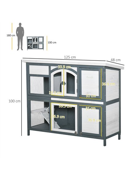 PawHut Rabbit Hutch Outdoor Guinea Pig Hutch 2 Tier Wooden Cage w/ Ramp, Divider, Openable Roof, 125 x 48 x 100cm - Grey - pic 149458 | FastDaddyshop
