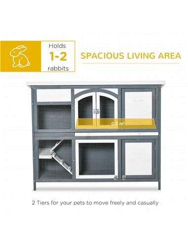 PawHut Rabbit Hutch Outdoor Guinea Pig Hutch 2 Tier Wooden Cage w/ Ramp, Divider, Openable Roof, 125 x 48 x 100cm - Grey
