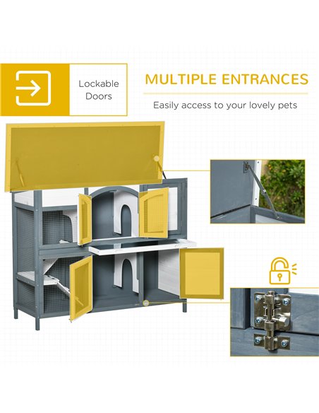 PawHut Rabbit Hutch Outdoor Guinea Pig Hutch 2 Tier Wooden Cage w/ Ramp, Divider, Openable Roof, 125 x 48 x 100cm - Grey - pic 149460 | FastDaddyshop