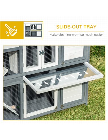PawHut Rabbit Hutch Outdoor Guinea Pig Hutch 2 Tier Wooden Cage w/ Ramp, Divider, Openable Roof, 125 x 48 x 100cm - Grey