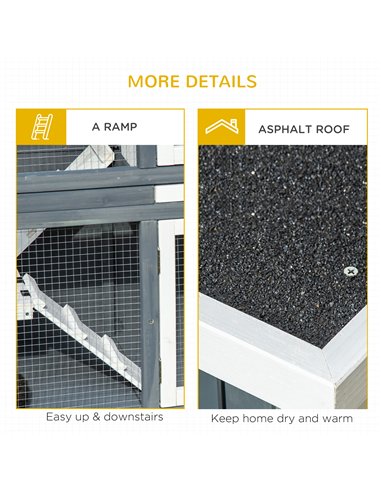 PawHut Rabbit Hutch Outdoor Guinea Pig Hutch 2 Tier Wooden Cage w/ Ramp, Divider, Openable Roof, 125 x 48 x 100cm - Grey