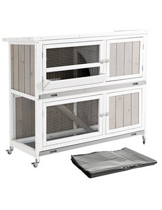 PawHut Rabbit Hutch Outdoor Guinea Pig Hutch Wooden Bunny House with Rain Cover Wheels for Indoor Outdoor, 122 x50 x100cm - Grey