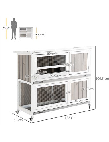 PawHut Rabbit Hutch Outdoor Guinea Pig Hutch Wooden Bunny House with Rain Cover Wheels for Indoor Outdoor, 122 x50 x100cm - Grey