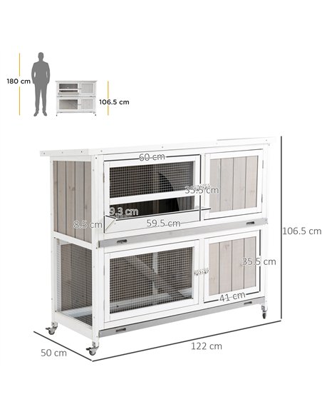 PawHut Rabbit Hutch Outdoor Guinea Pig Hutch Wooden Bunny House with Rain Cover Wheels for Indoor Outdoor, 122 x50 x100cm - Grey - pic 149467 | FastDaddyshop