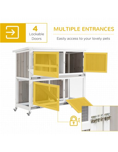 PawHut Rabbit Hutch Outdoor Guinea Pig Hutch Wooden Bunny House with Rain Cover Wheels for Indoor Outdoor, 122 x50 x100cm - Grey