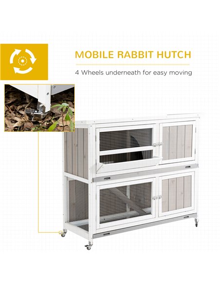 PawHut Rabbit Hutch Outdoor Guinea Pig Hutch Wooden Bunny House with Rain Cover Wheels for Indoor Outdoor, 122 x50 x100cm - Grey - pic 149472 | FastDaddyshop