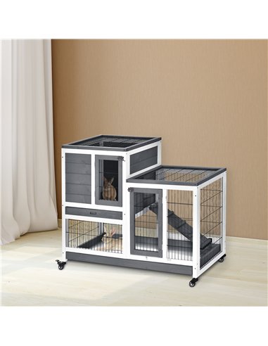 PawHut Small Animals 2-TierFir Wood Guinea Pigs Hutches Indoor Hutch Grey