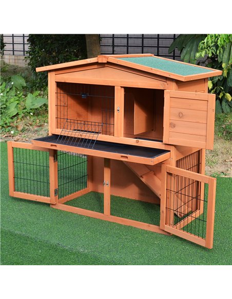PawHut 2 Tier Rabbit Hutch Guinea Pig Hutch Ferret Cage with Ramp Slide Out Tray for Indoor Outdoor 100.5 x 55 x 101 cm - pic 149484 | FastDaddyshop