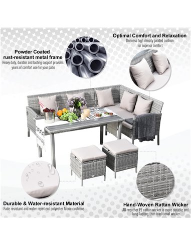 Outsunny 6-Seater Garden Rattan Corner Dining Wicker Sofa Set with Cushions, Mixed Grey