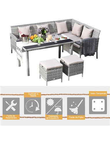 Outsunny 6-Seater Garden Rattan Corner Dining Wicker Sofa Set with Cushions, Mixed Grey