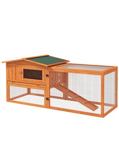 PawHut Rabbit Hutch with Run Wooden Guinea Pig Hutch Outdoor Bunny Cage Hide House with Sliding Tray, Hay Rack, Ramp, 156 x 58 x
