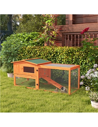 PawHut Rabbit Hutch with Run Wooden Guinea Pig Hutch Outdoor Bunny Cage Hide House with Sliding Tray, Hay Rack, Ramp, 156 x 58 x