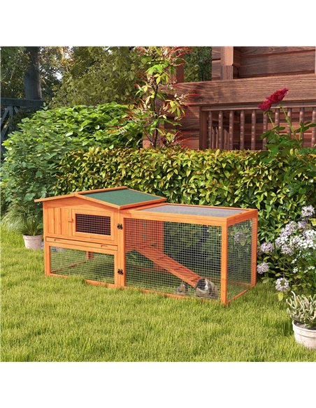PawHut Rabbit Hutch with Run Wooden Guinea Pig Hutch Outdoor Bunny Cage Hide House with Sliding Tray, Hay Rack, Ramp, 156 x 58 x - pic 149511 | FastDaddyshop