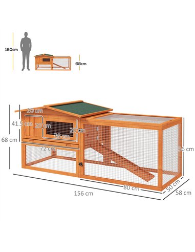 PawHut Rabbit Hutch with Run Wooden Guinea Pig Hutch Outdoor Bunny Cage Hide House with Sliding Tray, Hay Rack, Ramp, 156 x 58 x