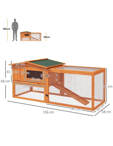 PawHut Rabbit Hutch with Run Wooden Guinea Pig Hutch Outdoor Bunny Cage Hide House with Sliding Tray, Hay Rack, Ramp, 156 x 58 x - pic 149512 | FastDaddyshop
