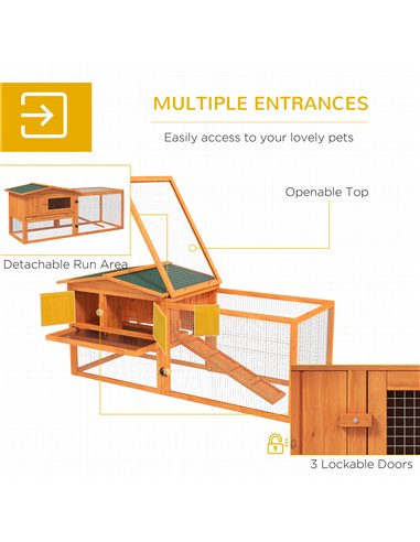 PawHut Rabbit Hutch with Run Wooden Guinea Pig Hutch Outdoor Bunny Cage Hide House with Sliding Tray, Hay Rack, Ramp, 156 x 58 x