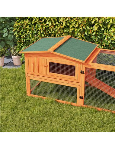 PawHut Rabbit Hutch with Run Wooden Guinea Pig Hutch Outdoor Bunny Cage Hide House with Sliding Tray, Hay Rack, Ramp, 156 x 58 x
