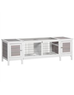 PawHut Rabbit Hutch and Run, with Removable Tray - Grey