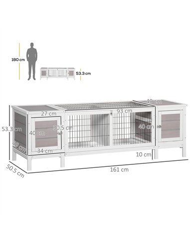 PawHut Rabbit Hutch and Run, with Removable Tray - Grey