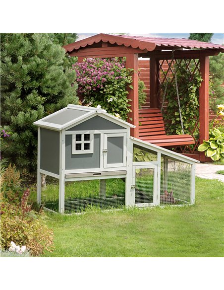 PawHut Two-Tier Rabbit Hutch, with Sunlight Panel Roof, Slide-Out Tray - Grey - pic 149538 | FastDaddyshop