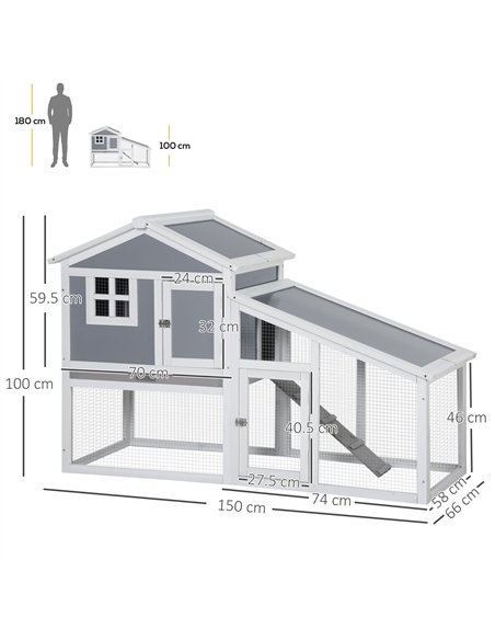 PawHut Two-Tier Rabbit Hutch, with Sunlight Panel Roof, Slide-Out Tray - Grey - pic 149539 | FastDaddyshop