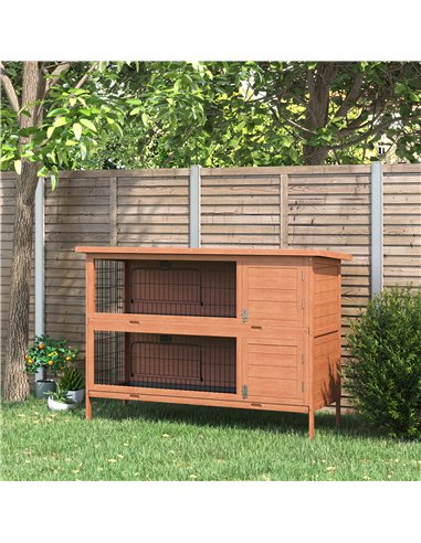 PawHut Rabbit Hutch Outdoor Guinea Pig Hutch Bunny Cage with No-Leak Trays, Divider, 136 x 50 x 93cm, Orange
