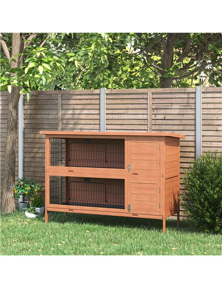 PawHut Rabbit Hutch Outdoor Guinea Pig Hutch Bunny Cage with No-Leak Trays, Divider, 136 x 50 x 93cm, Orange - pic 149547 | FastDaddyshop