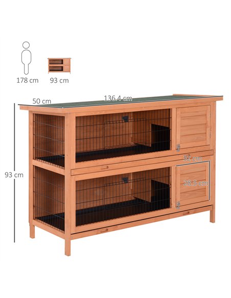 PawHut Rabbit Hutch Outdoor Guinea Pig Hutch Bunny Cage with No-Leak Trays, Divider, 136 x 50 x 93cm, Orange - pic 149548 | FastDaddyshop