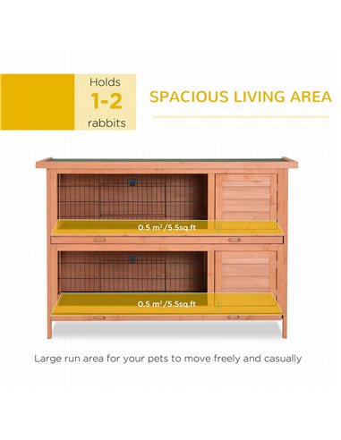 PawHut Rabbit Hutch Outdoor Guinea Pig Hutch Bunny Cage with No-Leak Trays, Divider, 136 x 50 x 93cm, Orange