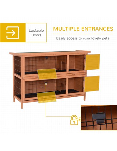PawHut Rabbit Hutch Outdoor Guinea Pig Hutch Bunny Cage with No-Leak Trays, Divider, 136 x 50 x 93cm, Orange
