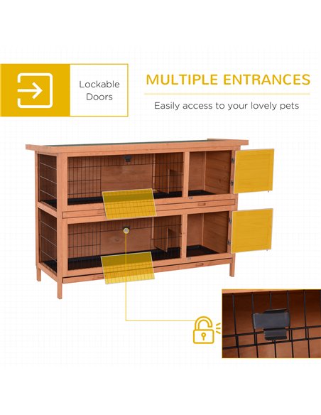 PawHut Rabbit Hutch Outdoor Guinea Pig Hutch Bunny Cage with No-Leak Trays, Divider, 136 x 50 x 93cm, Orange - pic 149550 | FastDaddyshop