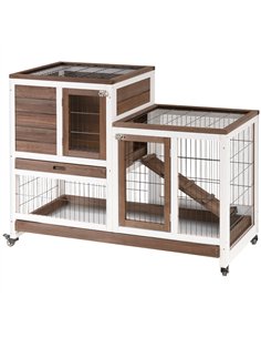 PawHut Two-Tier Rabbit Hutch Pet Cage, with Wheels - Brown