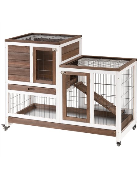 PawHut Two-Tier Rabbit Hutch Pet Cage, with Wheels - Brown - pic 149555 | FastDaddyshop