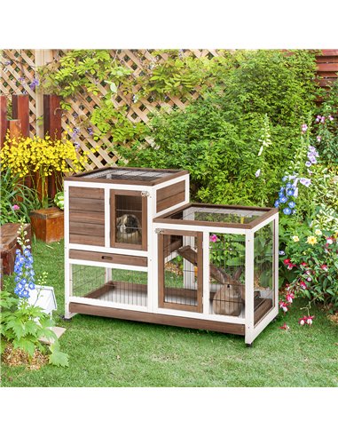 PawHut Two-Tier Rabbit Hutch Pet Cage, with Wheels - Brown