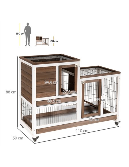PawHut Two-Tier Rabbit Hutch Pet Cage, with Wheels - Brown - pic 149557 | FastDaddyshop