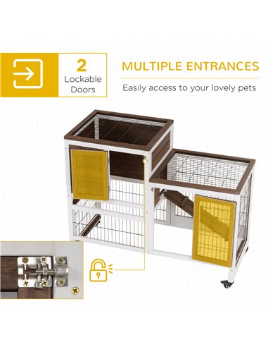 PawHut Two-Tier Rabbit Hutch Pet Cage, with Wheels - Brown