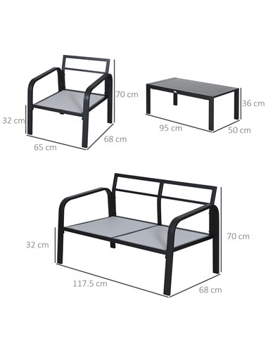 Outsunny 4pcs Garden Sofa Set with 2 Single Armchair, 1 Bench & 1 Coffee Table, Black