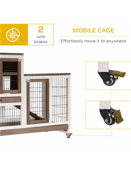 PawHut Two-Tier Rabbit Hutch Pet Cage, with Wheels - Brown - pic 149561 | FastDaddyshop