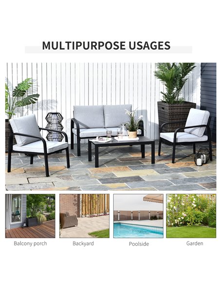 Outsunny 4pcs Garden Sofa Set with 2 Single Armchair, 1 Bench & 1 Coffee Table, Black - pic 14957 | FastDaddyshop