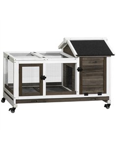 PawHut Wooden Rabbit Hutch, Guinea Pig Cage, with Removable Tray, Wheels - Brown