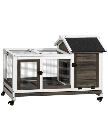 PawHut Wooden Rabbit Hutch, Guinea Pig Cage, with Removable Tray, Wheels - Brown - pic 149573 | FastDaddyshop