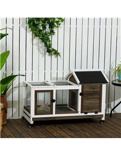 PawHut Wooden Rabbit Hutch, Guinea Pig Cage, with Removable Tray, Wheels - Brown 2