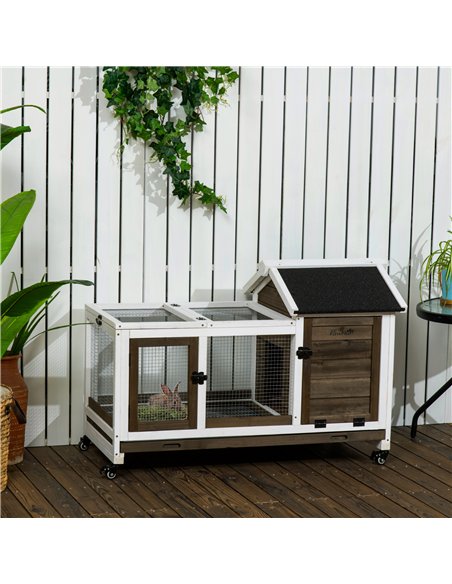 PawHut Wooden Rabbit Hutch, Guinea Pig Cage, with Removable Tray, Wheels - Brown - pic 149574 | FastDaddyshop