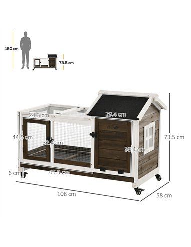 PawHut Wooden Rabbit Hutch, Guinea Pig Cage, with Removable Tray, Wheels - Brown