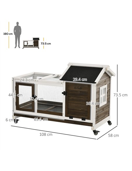 PawHut Wooden Rabbit Hutch, Guinea Pig Cage, with Removable Tray, Wheels - Brown - pic 149575 | FastDaddyshop