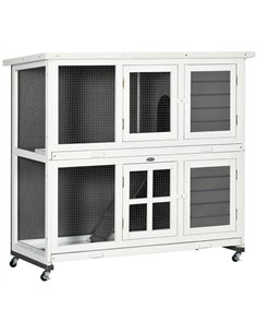 PawHut Wooden Rabbit Hutch, Two-Tier Guinea Pig Cage, with Removable Tray, Wheels