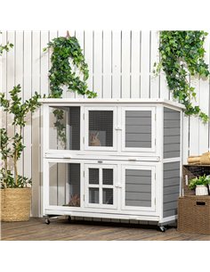 PawHut Wooden Rabbit Hutch, Two-Tier Guinea Pig Cage, with Removable Tray, Wheels 2