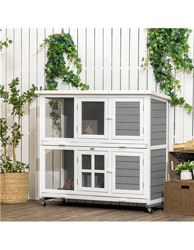 PawHut Wooden Rabbit Hutch, Two-Tier Guinea Pig Cage, with Removable Tray, Wheels